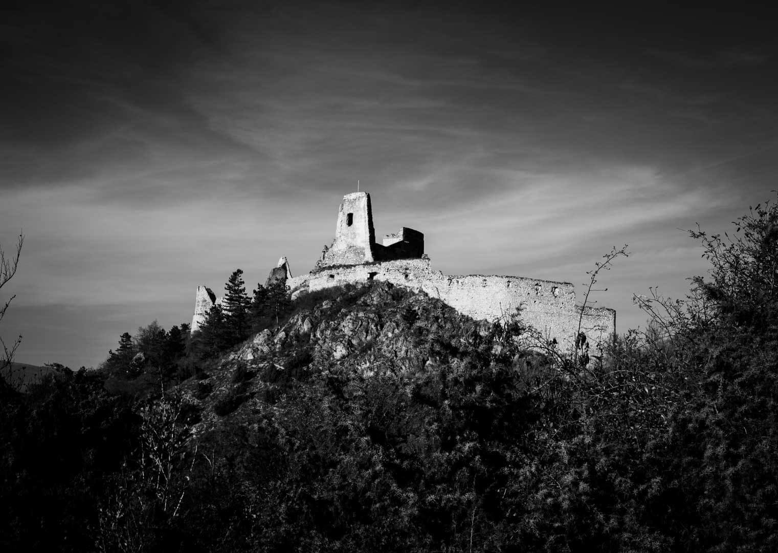 Čachtice Castle perched on a hilltop in Slovakia, associated with Elizabeth Báthory and overlooking the surrounding countryside.