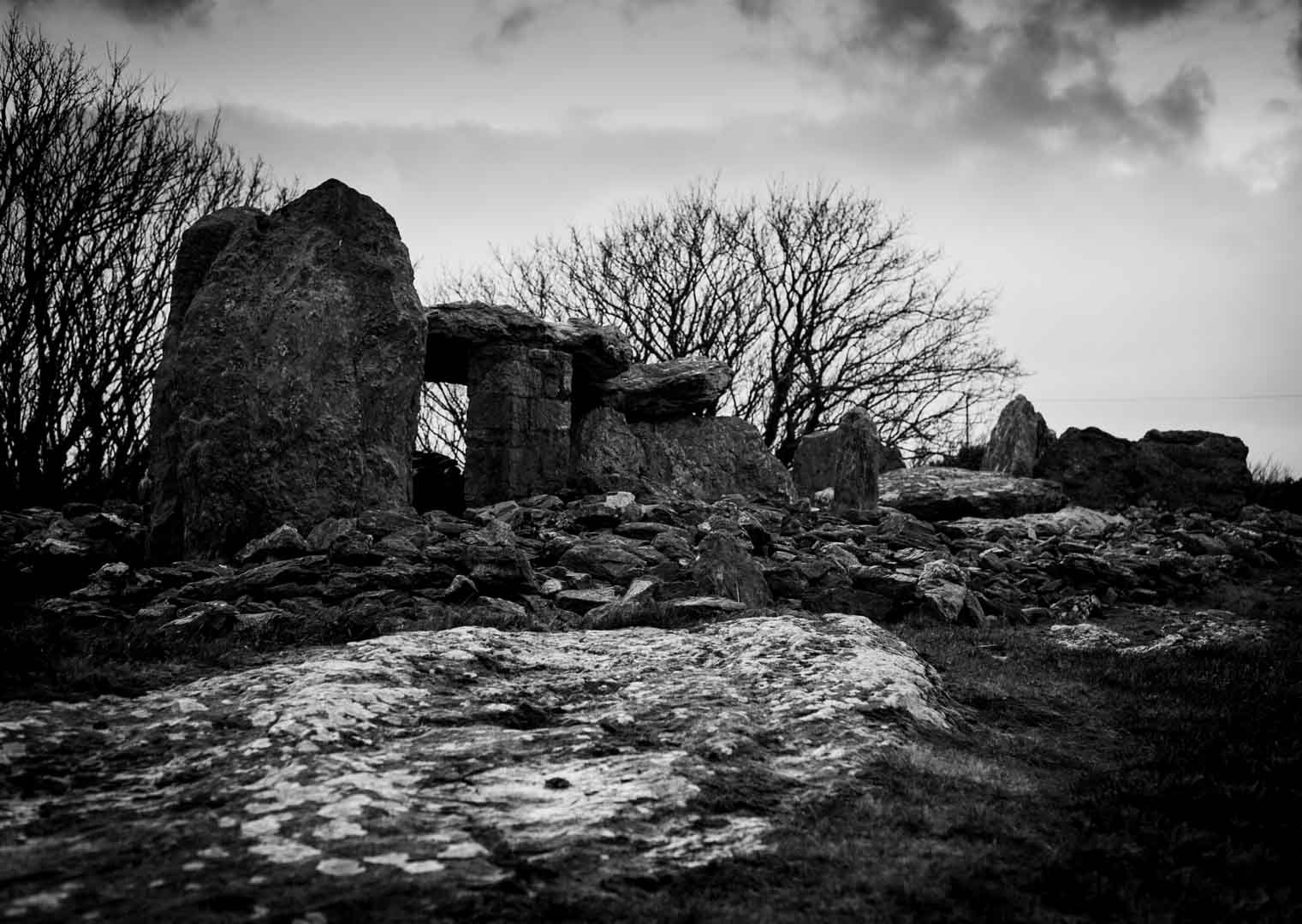 Ancient stone burial chamber at Trefignath near Holyhead, a Neolithic archaeological site and prehistoric monument in North Wales.